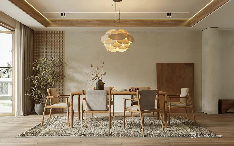 Modern Restaurant Interior With Pendant Light Wooden Dining Table Chairs Area Rug And Green Plant 3d model 