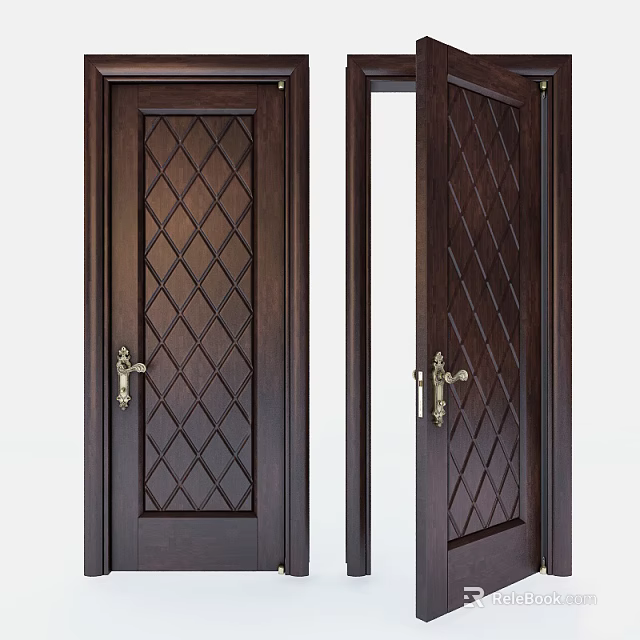 Dark Wood Hinged Doors With Diamond Pattern And Brass Handles 3d model 