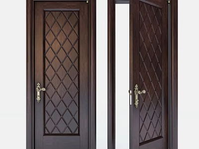 Dark Wood Hinged Doors With Diamond Pattern And Brass Handles 3d model