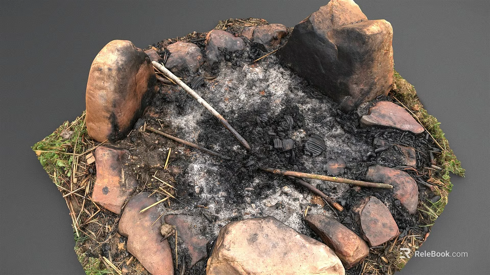 Natural Outdoor Garden Stone Circle Fire Pit Feature with Ashes and Sticks 3d model 