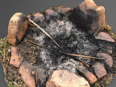 Natural Outdoor Garden Stone Circle Fire Pit Feature with Ashes and Sticks 3d model