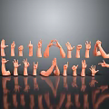 Various Hand Gestures With Orange Arm Models Arranged On Black Background With Reflections 3d model