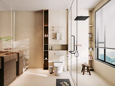 Modern Warm Beige Bathroom Interior With Built In Storage Shelves And Frameless Glass Shower Enclosure 3d model