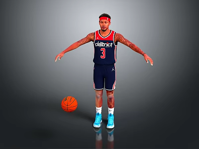 Man wearing CAPITALS 3 basketball jersey red headband arm tattoos and blue sneakers with basketball 3d model