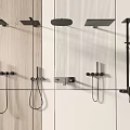 Modern Wall Mounted Shower Heads With Handheld Sprayers On Wood Grain And White Tile Walls