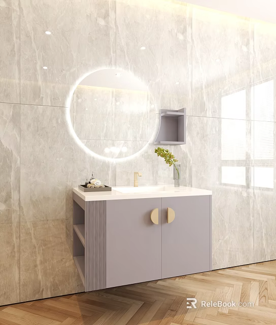 Modern Bathroom Vanity with Round Backlit Mirror Light Gray Cabinet Golden Knobs and Marble Wall 3d model 