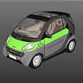 Green and Gray Compact Two Seater Car with Black Roof and Beige Interior