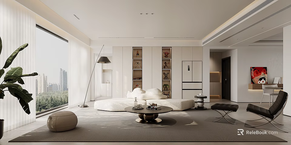 Modern Living Dining Room Interior With Floor to Ceiling Windows Round Sofa And Coffee Table 3d model 