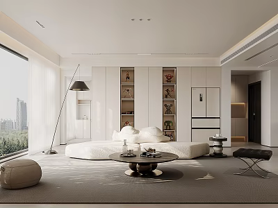 Modern Living Dining Room Interior With Floor to Ceiling Windows Round Sofa And Coffee Table 3d model