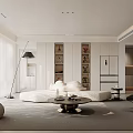 Modern Living Dining Room Interior With Floor to Ceiling Windows Round Sofa And Coffee Table
