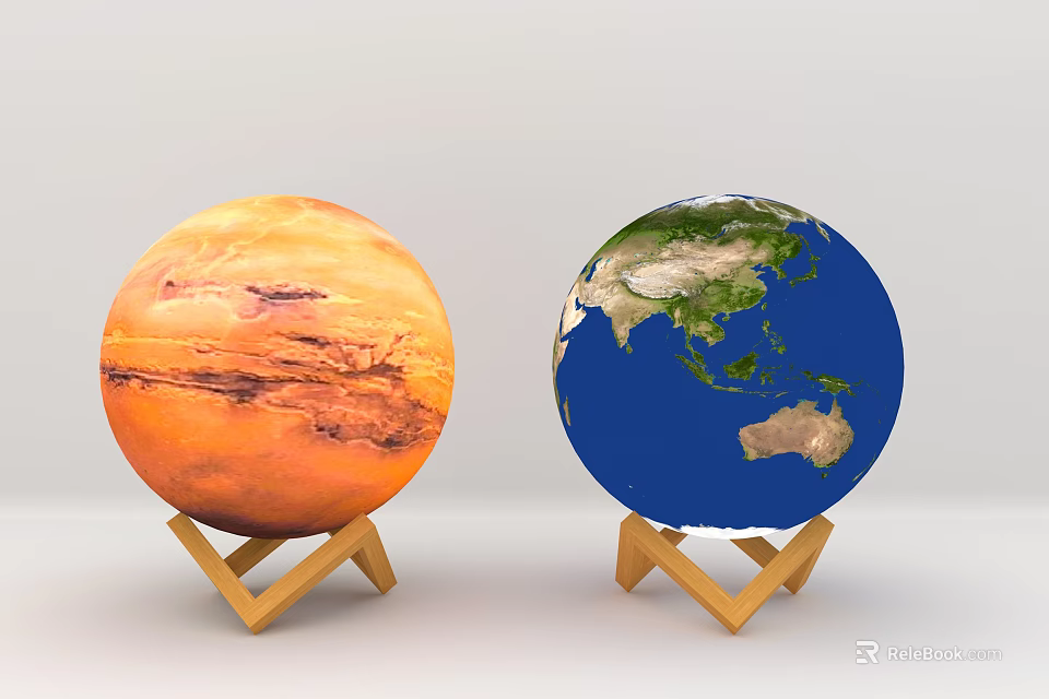 Decorative Ornament Set with Mars and Earth Models on Wooden Stands 3d model 
