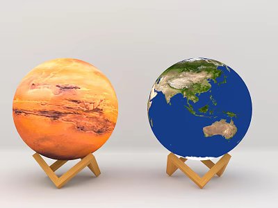 Decorative Ornament Set with Mars and Earth Models on Wooden Stands 3d model