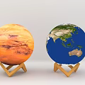 Decorative Ornament Set with Mars and Earth Models on Wooden Stands