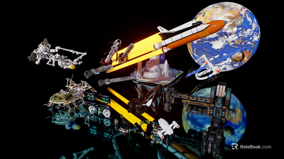 Aerospace Commercial Equipment Models Including Rocket Satellite And Space Station With Earth 3d model 
