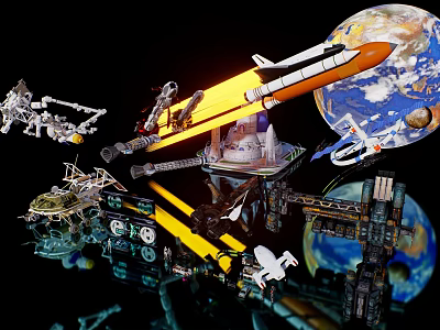 Aerospace Commercial Equipment Models Including Rocket Satellite And Space Station With Earth 3d model