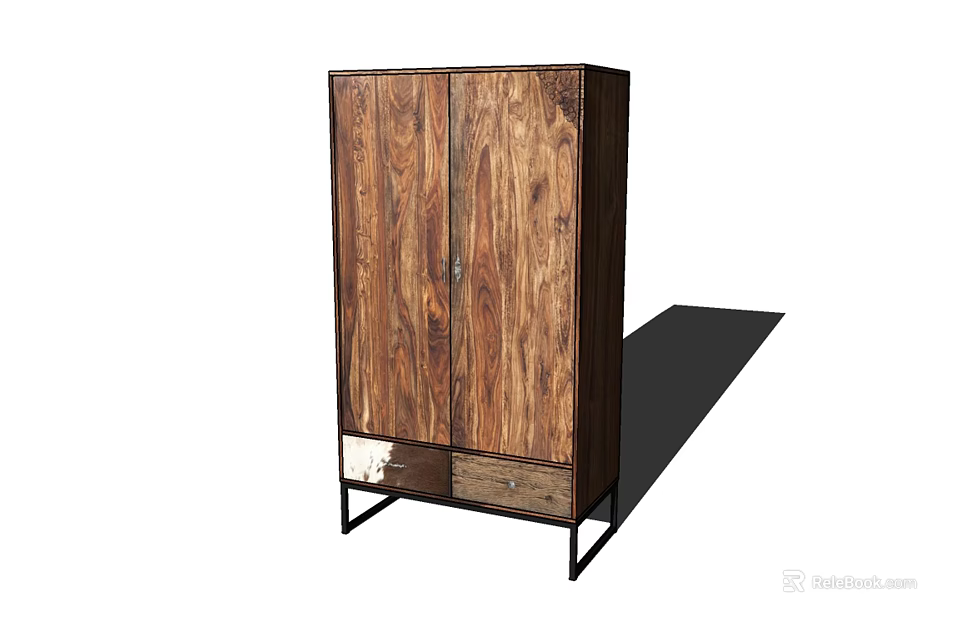 Wooden Double Door Wardrobe with Bottom Drawers and Metal Frame Design 3d model 