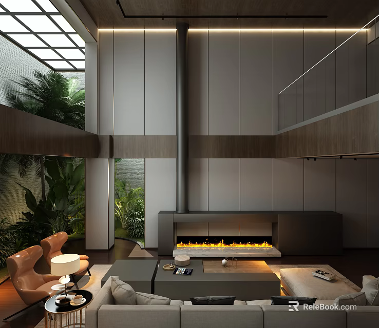 Modern Basement Interior Design Featuring Fireplace Sofa Green Plants And Skylight 3d model 
