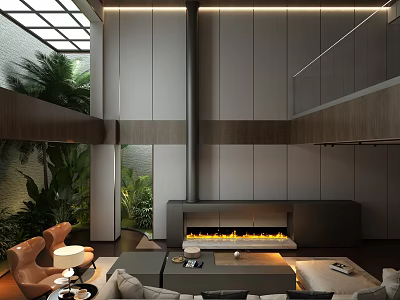 Modern Basement Interior Design Featuring Fireplace Sofa Green Plants And Skylight 3d model