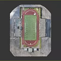 Aerial View of Stadium With Green Football Field Red Track and Seating Stands