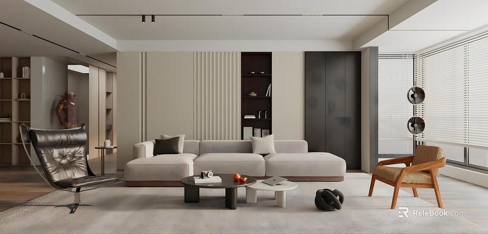 Modern Living Room Interior With Large Sofa Coffee Tables And Textured Wall Decor 3d model 