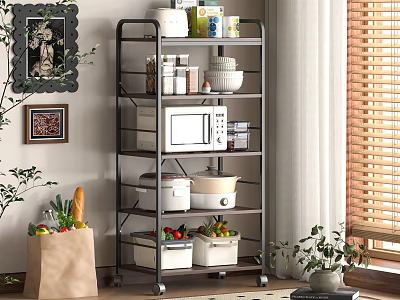 Multi tiered Rolling Shelf With Microwave Bowls Storage Boxes And Kitchen Items In Indoor Space 3d model