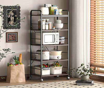 Multi tiered Rolling Shelf With Microwave Bowls Storage Boxes And Kitchen Items In Indoor Space 3d model