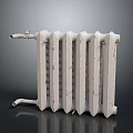 Vintage White Cast Iron Radiator With Distressed Finish And Multiple Fins In Grey Background