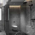 Modern Bathroom with Gray Marble Walls Floors White Bathtub Glass Shower Toilet Double Sink Vanity