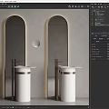 Elegant Modern Washbasin Design White Pedestal With Brass Frames Arch Mirrors And Gray Wall