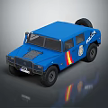 Blue Police Off Road Vehicle Exterior with POLICE Lettering Red and Yellow Stripes and Badge