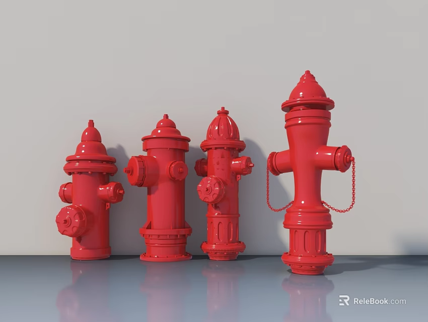 Four Red Fire Hydrants Lined Up Against White Wall For Fire Safety Equipment 3d model 