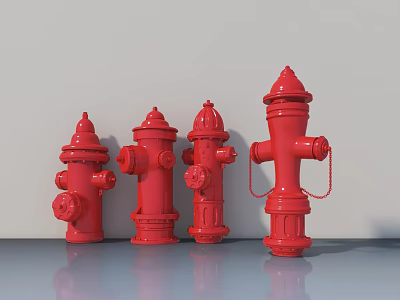 Four Red Fire Hydrants Lined Up Against White Wall For Fire Safety Equipment 3d model