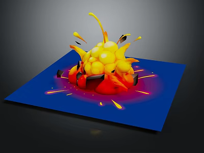 Cartoon Explosion Scene With Orange Red Spheres Yellow Splashing Fragments Red Glow On Blue Platform 3d model