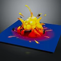 Cartoon Explosion Scene With Orange Red Spheres Yellow Splashing Fragments Red Glow On Blue Platform