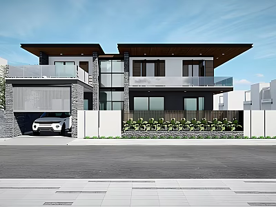 Modern Detached Villa Exterior Design With Large Glass Windows Balcony And Landscaped Garden 3d model