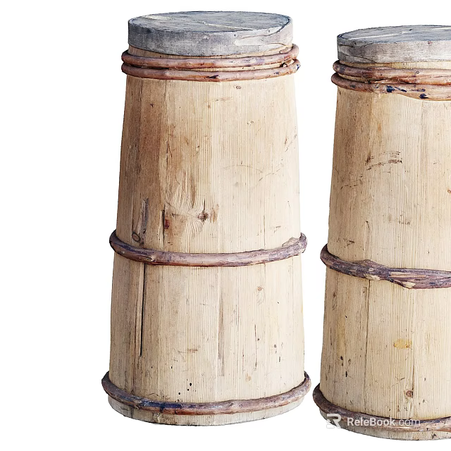 Rustic Handcrafted Natural Solid Wooden Stools With Retro Woven Rattan Reinforcement Design For Country Homes 3d model 