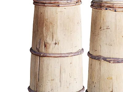 Rustic Handcrafted Natural Solid Wooden Stools With Retro Woven Rattan Reinforcement Design For Country Homes 3d model