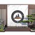 Chinese Style Scenic Wall With Circular Mountain Pattern Wooden Lattice And Pine Tree 3d model