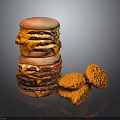 Stacked Juicy Hamburgers With Melted Cheese And Crispy Fried Chicken Nuggets
