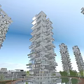 Modern Residential Building with Unique Layered Structure Large Balconies and Greenery Under Blue Sky