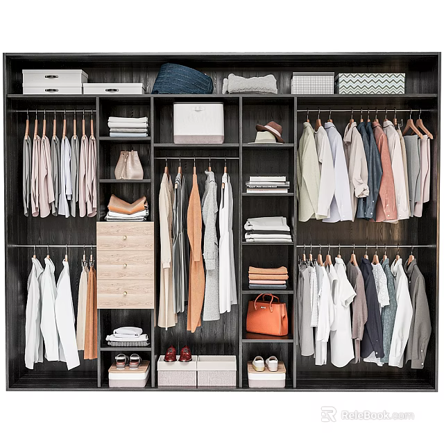 Organized Wardrobe Interior With Hanging Clothes Folded Garments Drawers Storage Boxes And Shoes 3d model 