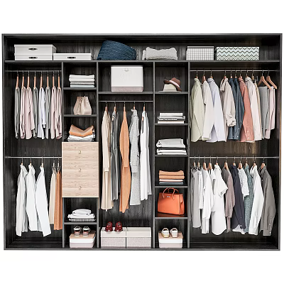 Organized Wardrobe Interior With Hanging Clothes Folded Garments Drawers Storage Boxes And Shoes 3d model