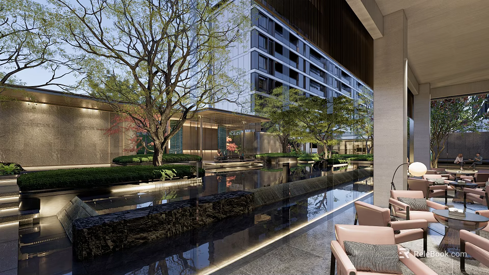 Modern Building Courtyard Pergola With Water Feature Greenery And Seating Area 3d model 