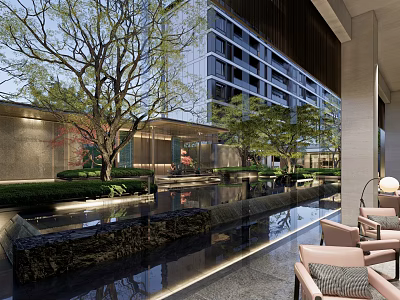 Modern Building Courtyard Pergola With Water Feature Greenery And Seating Area 3d model