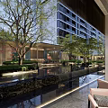 Modern Building Courtyard Pergola With Water Feature Greenery And Seating Area