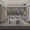 Modern Bedroom Interior With Marble Feature Wall Upholstered Bed Patterned Rug Nightstands And Window Blinds