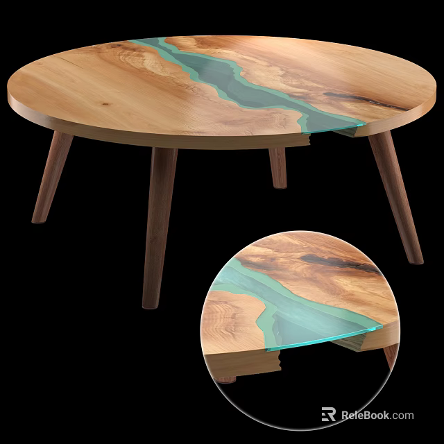 Wooden Coffee Table With Green Resin River Tabletop And Slim Wooden Legs 3d model 