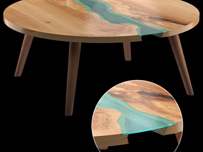 Wooden Coffee Table With Green Resin River Tabletop And Slim Wooden Legs 3d model