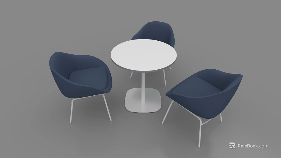 Modern Meeting Table and Dark Blue Chairs White Round Top Curved Design Metal Legs 3d model 