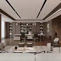 Modern Office Interior With Sofa Desk Bookshelves Chairs And Decorative Rug